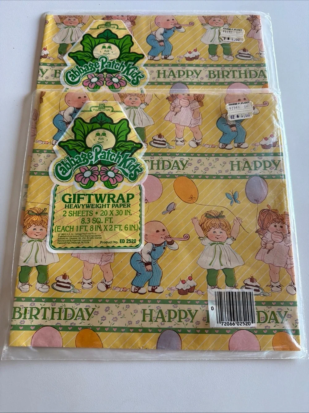 2 Pkgs Sealed CABBAGE PATCH KIDS 1983 Happy Birthday Heavyweight Gift Wrap NOS
